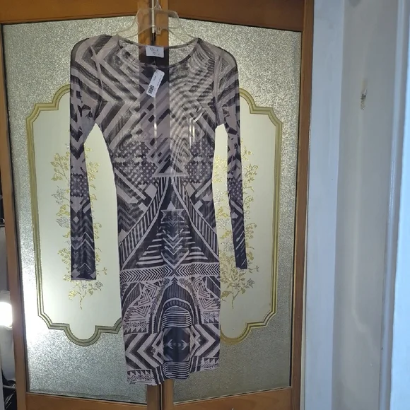 Brown, Cream And Tan Monochrome Geometric Long Sleeve Dress - Picture 2 of 5